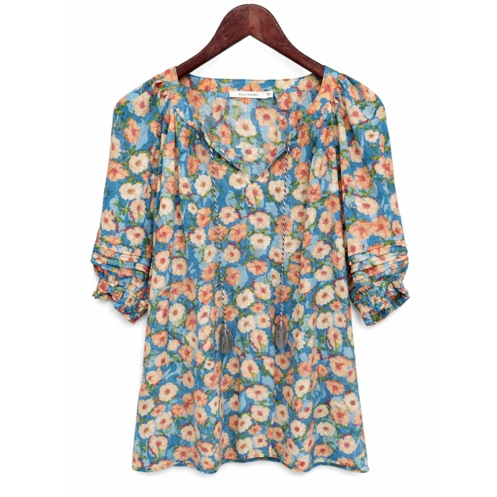 Ellison Floral Peasant Blouse Tassel Boho Cottagecore L